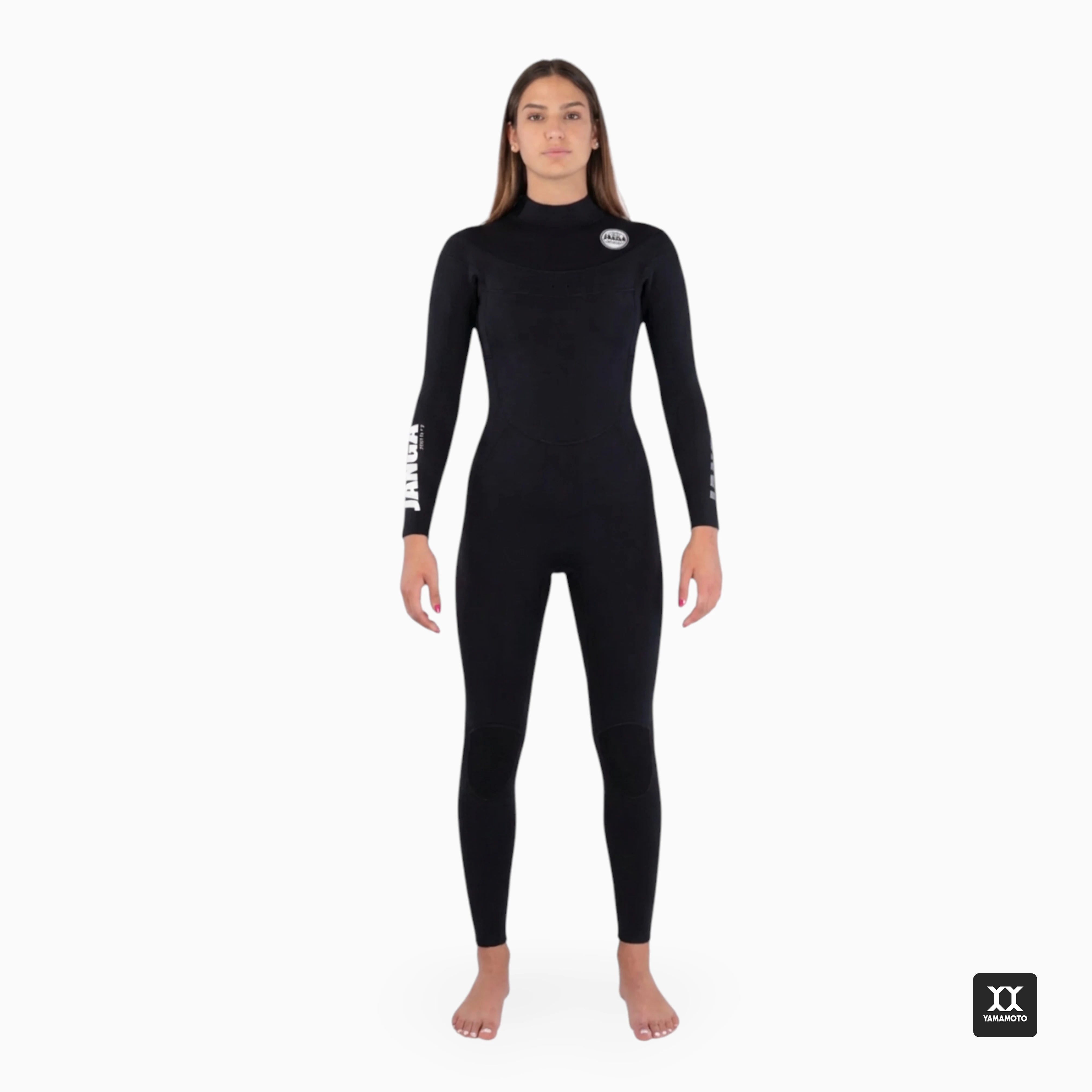 Person wearing a black JANGA PRO Yamamoto neoprene wetsuit on a white background