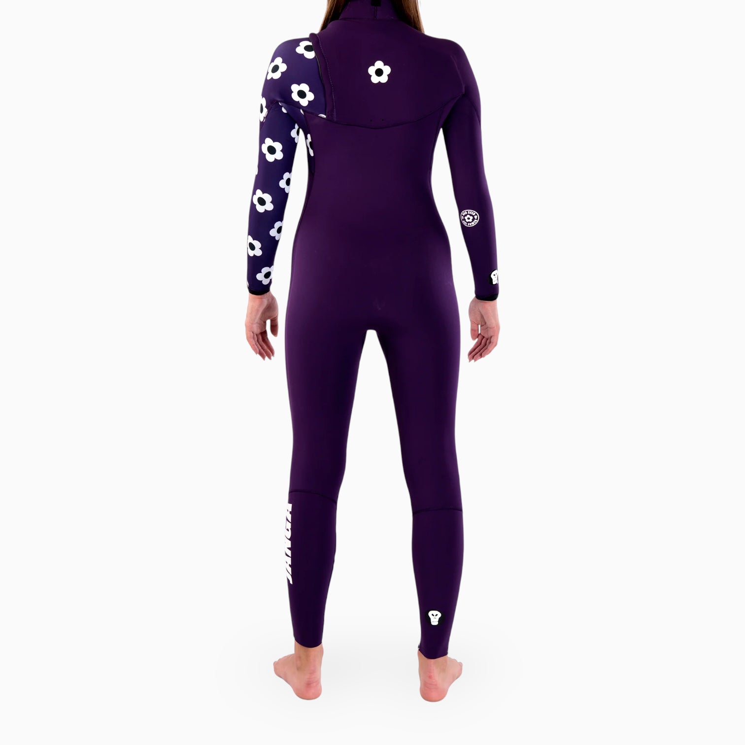 Purple wetsuit with white floral patterns on sleeves and legs on a white background