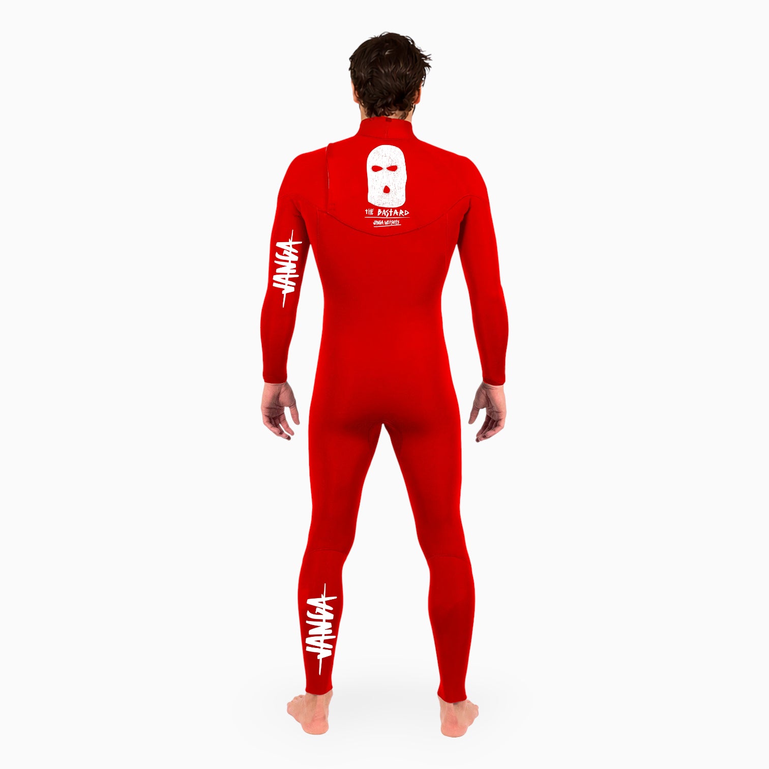 Surfer wearing a JANGA BASTARD red wetsuit with a white logo on a white background