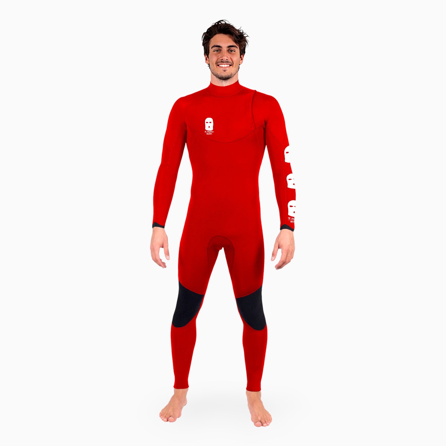 Surfer wearing a JANGA BASTARD red wetsuit with a white logo on a white background