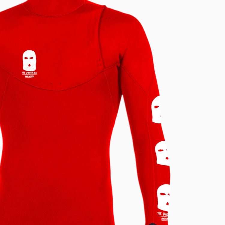 JANGA BASTARD Red long-sleeve wetsuit with white logo on a white background