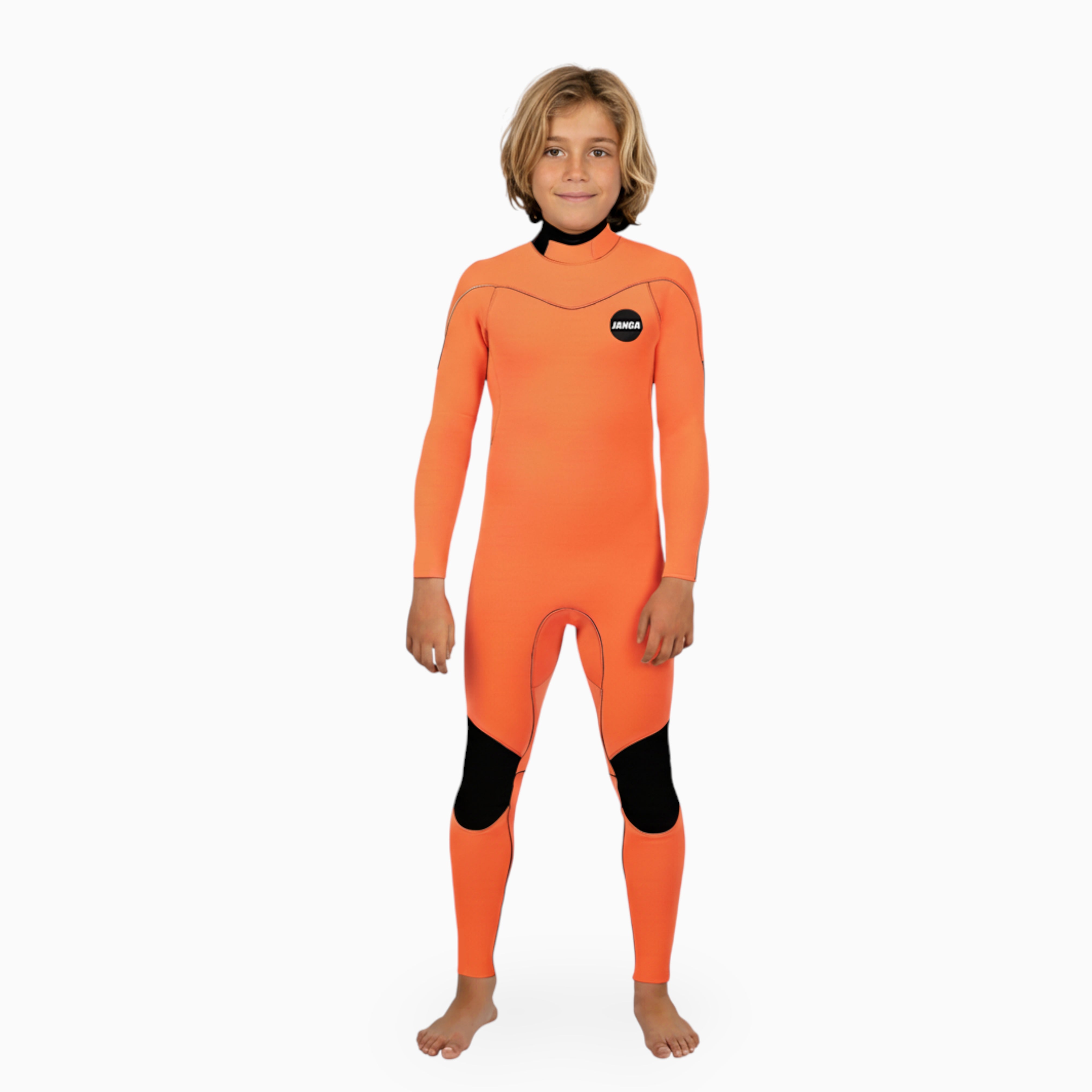 Surfer grom wearing JANGA Fineline kids wetsuit 3/3 orange - front