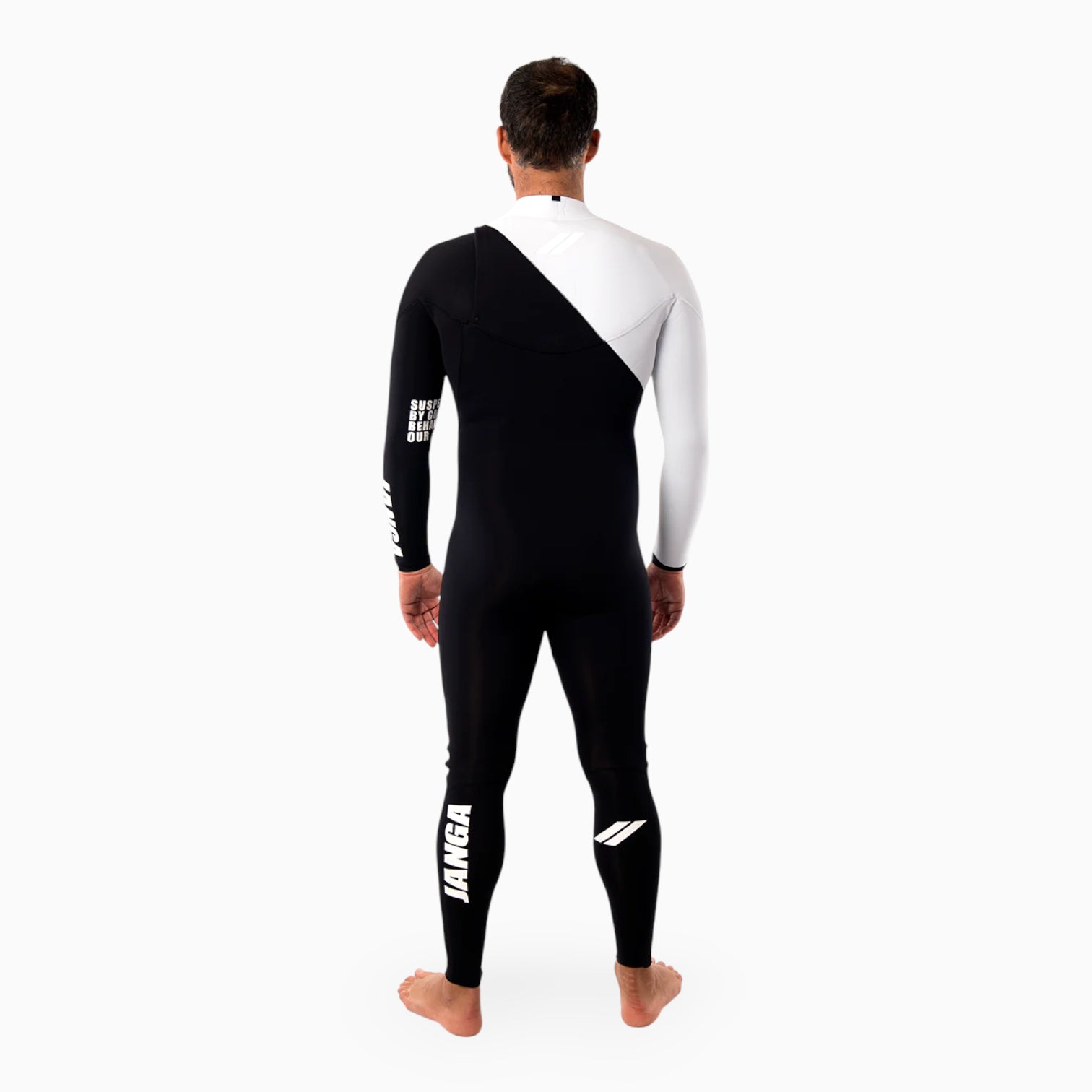 Surfer wearing a JANGA indigent white and black wetsuit on a white background