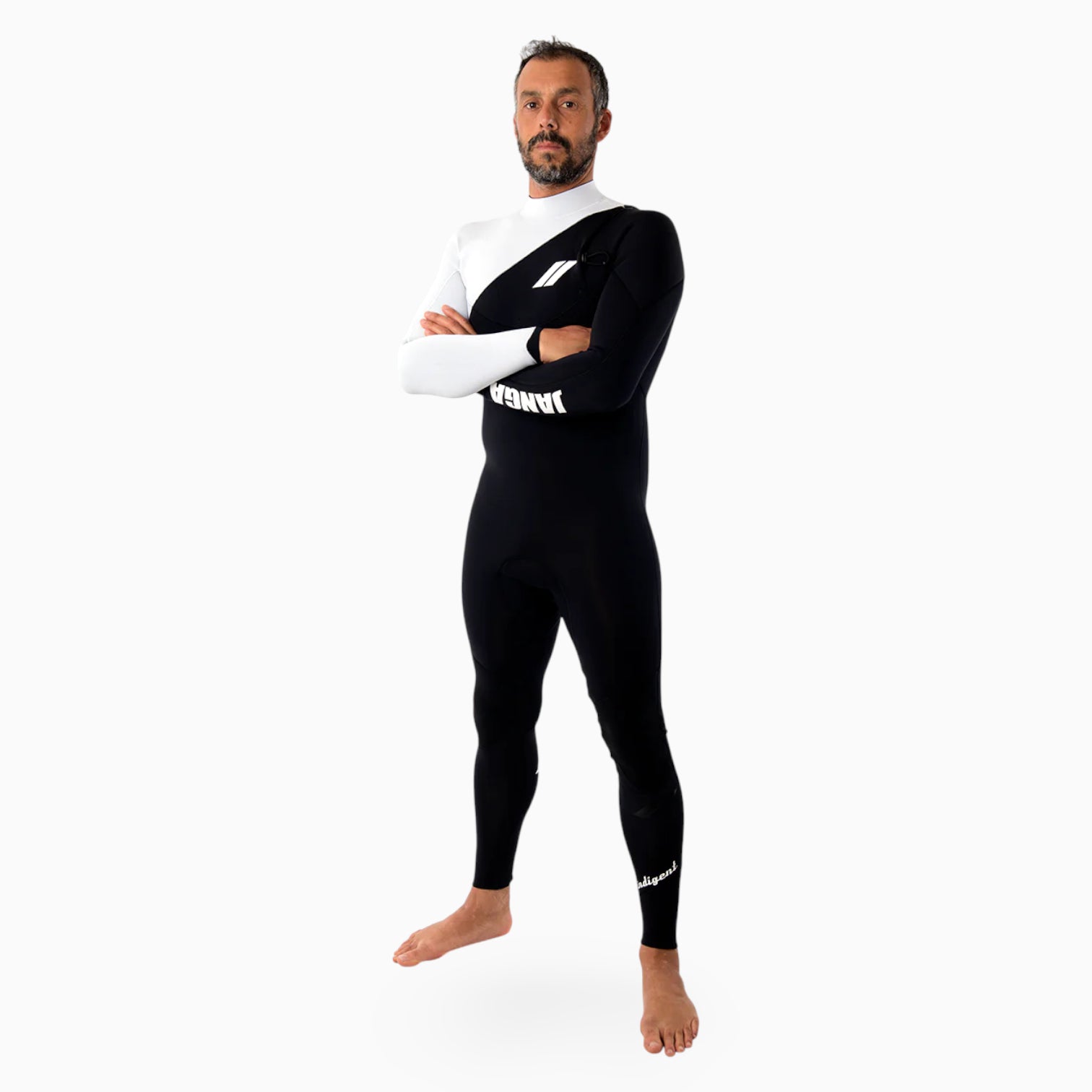 Surfer wearing a JANGA indigent white and black wetsuit on a white background
