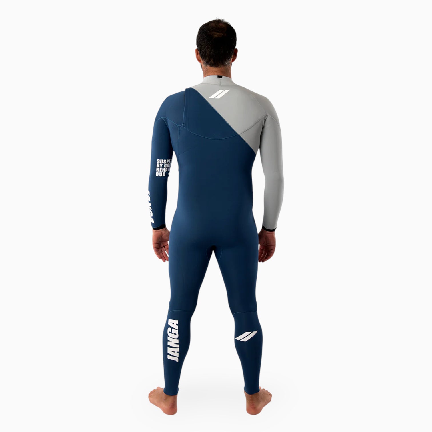 Surfer wearing a JANGA indigent blue and gray wetsuit on a white background
