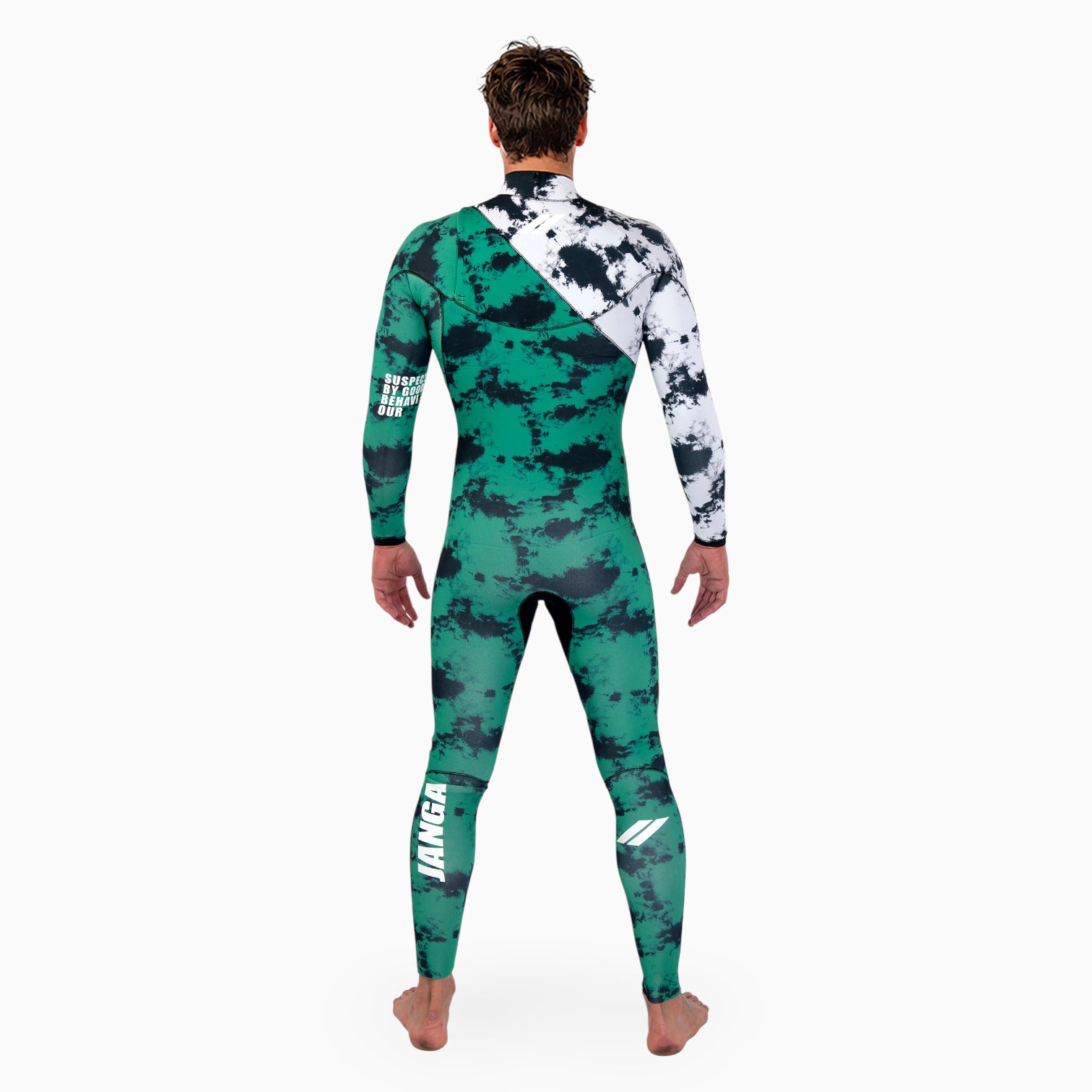 Surfer wearing JANGA INDIGENT Green and black camouflage wetsuit with white accents on a white background