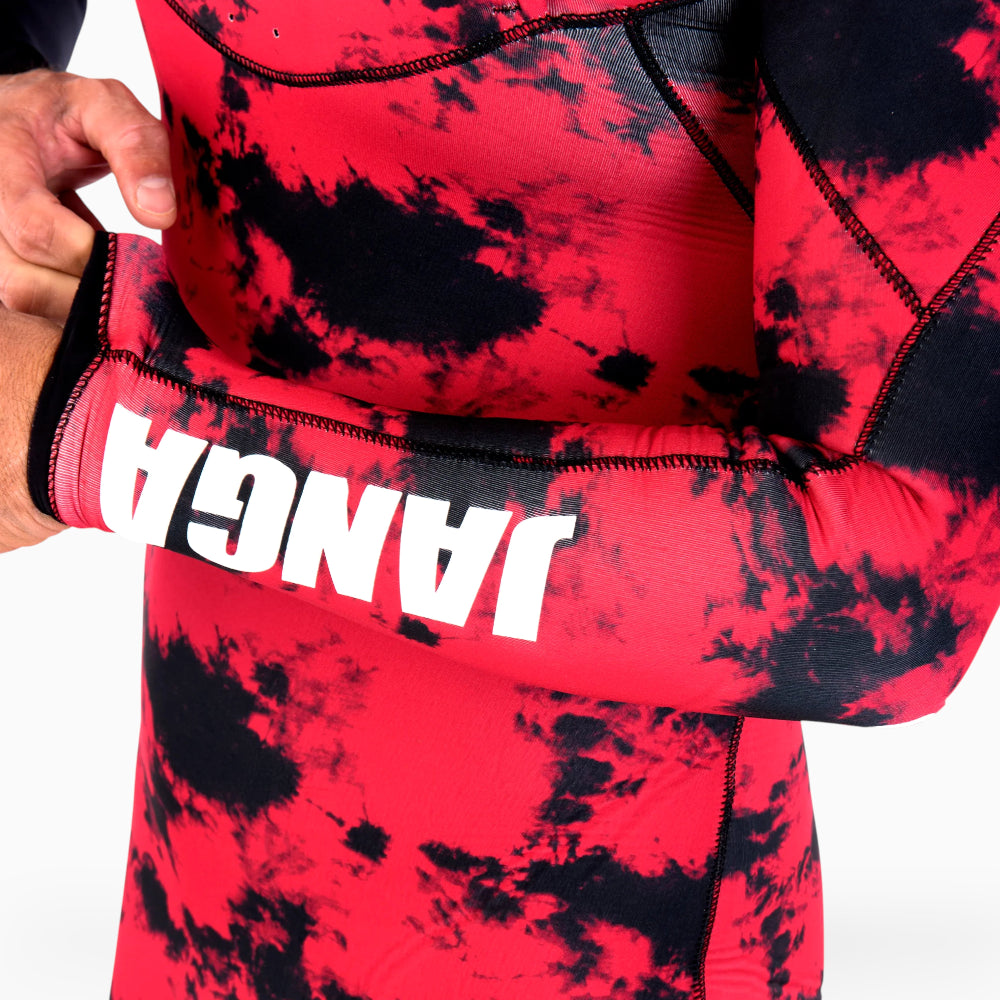 Red and black tie-dye JANGA wetsuit zoom in