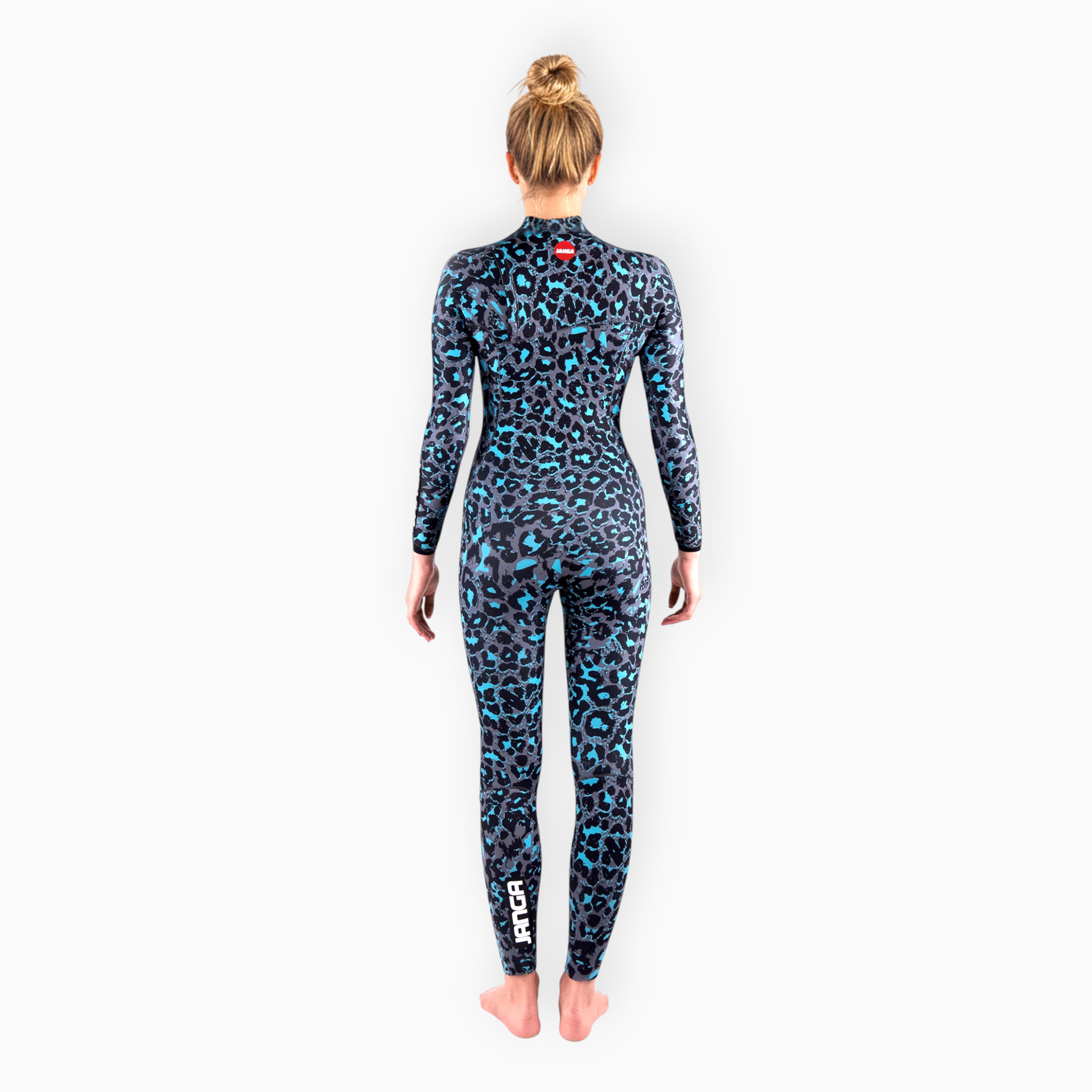Surfer in Women's JANGA JANGLE wetsuit blue and grey leopard -back view