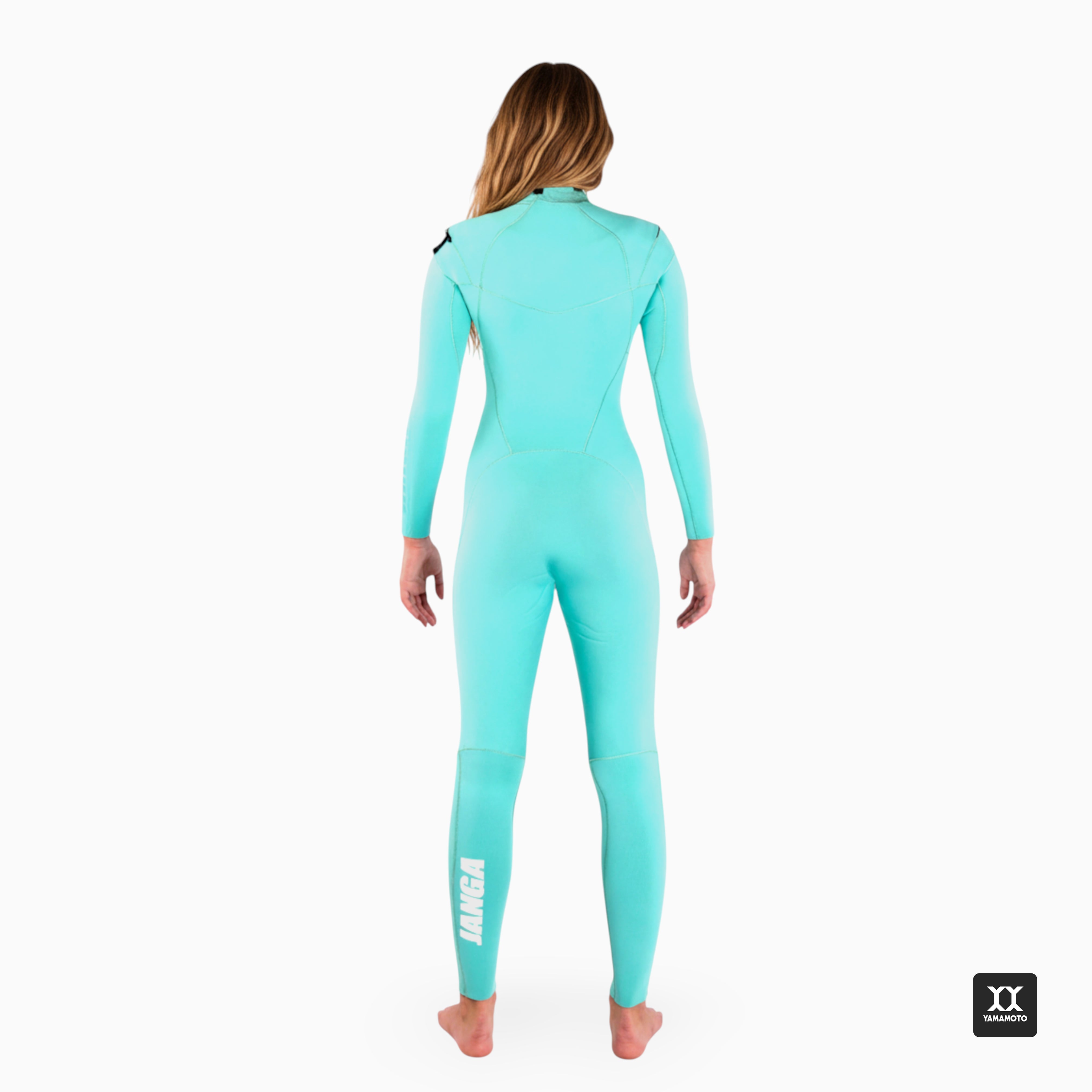 Surfer wearing JANGA PRO wetsuit suit 4/3 mm blue - yamamoto neoprene - back