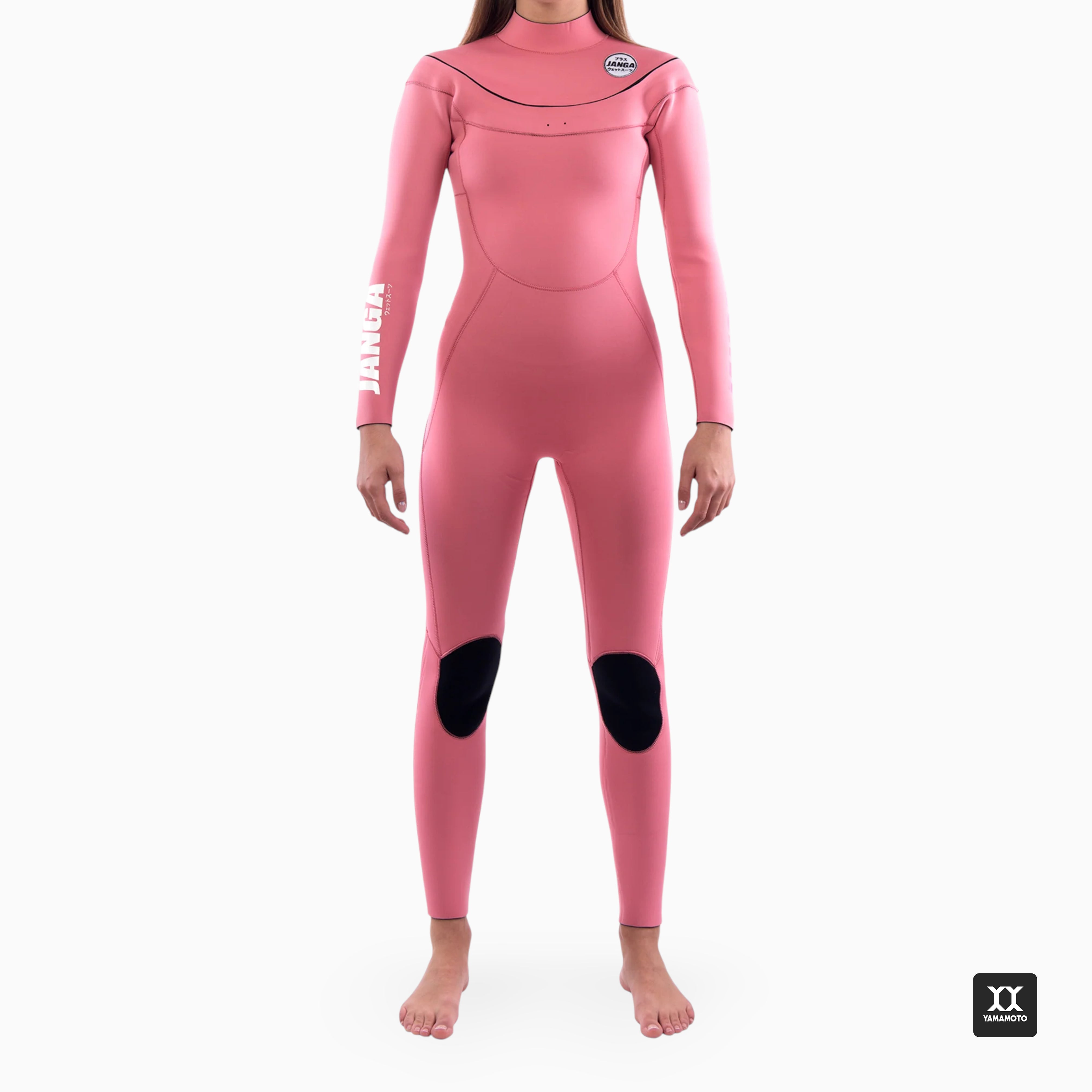 Surfer wearing JANGA PRO wetsuit suit 4/3 mm pink - yamamoto neoprene - front