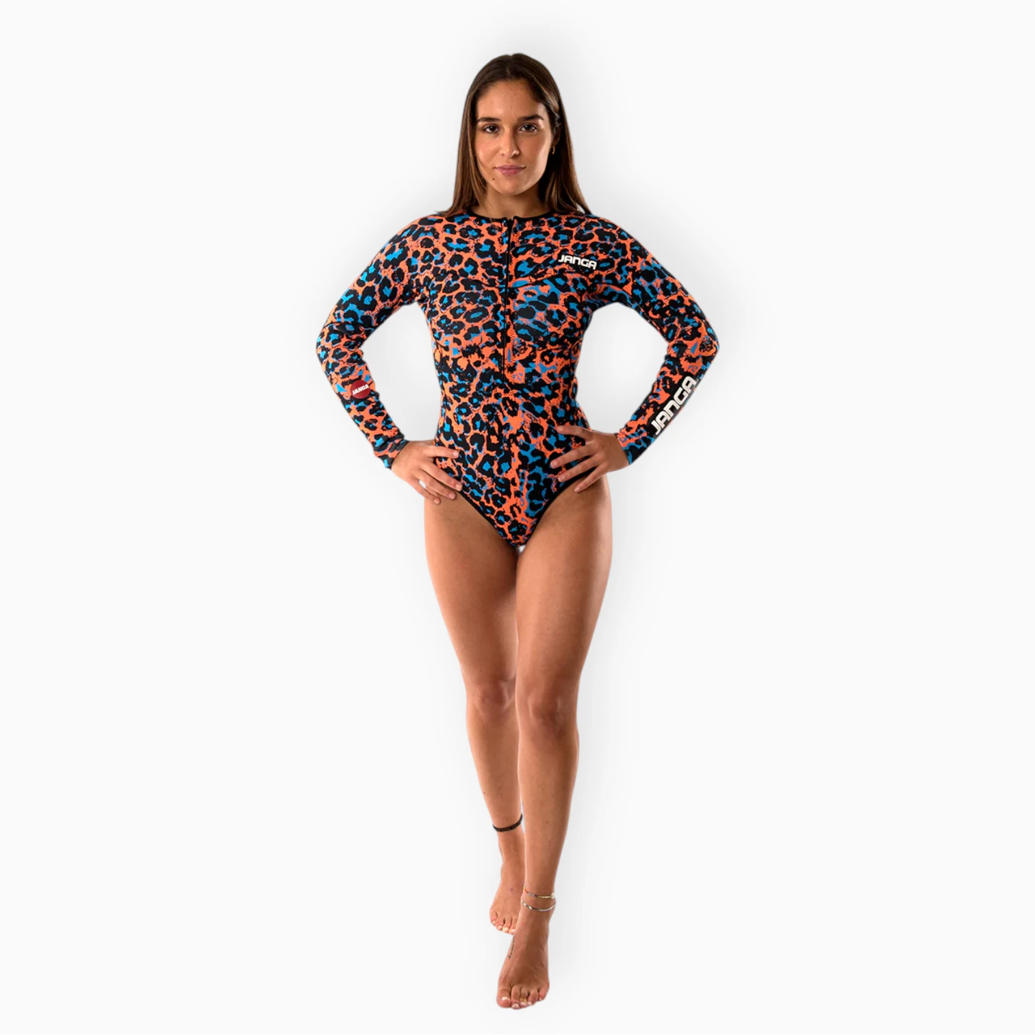 Surfer wearing Women's JANGA JANGLE Orange Leopard short spring wetsuit - front view 2