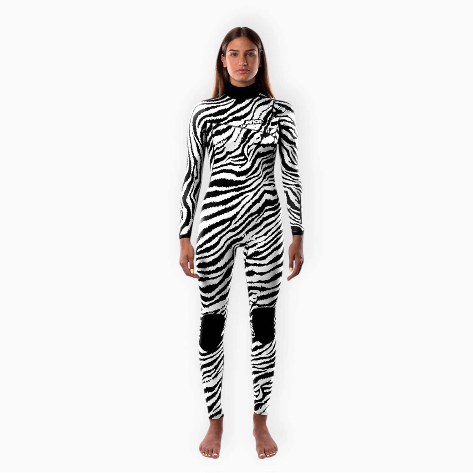 Surfer in Women's JANGA JANGLE ZEBRA wetsuit - front view