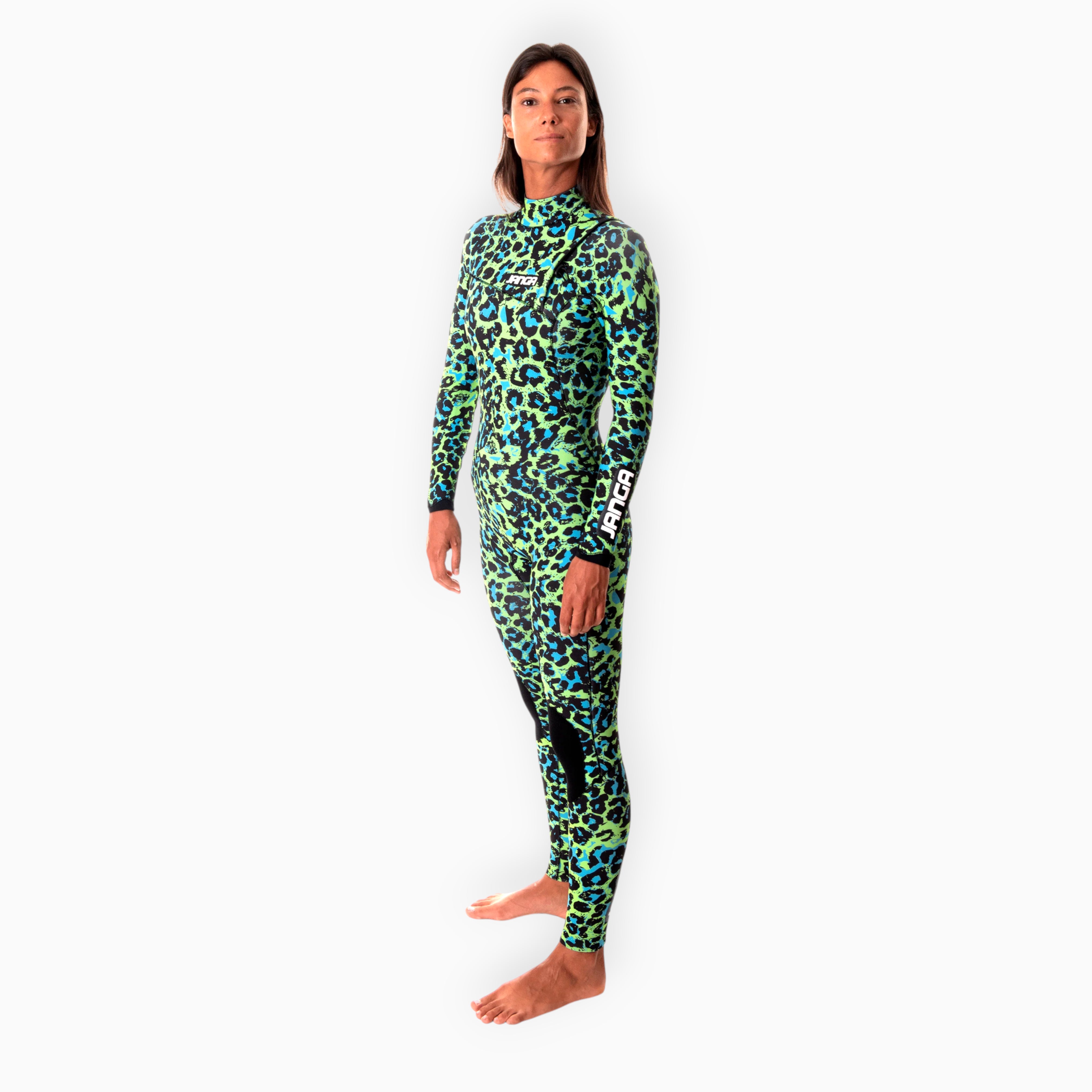 Surfer in Women's JANGA JANGLE Leopard winter green wetsuit - front view