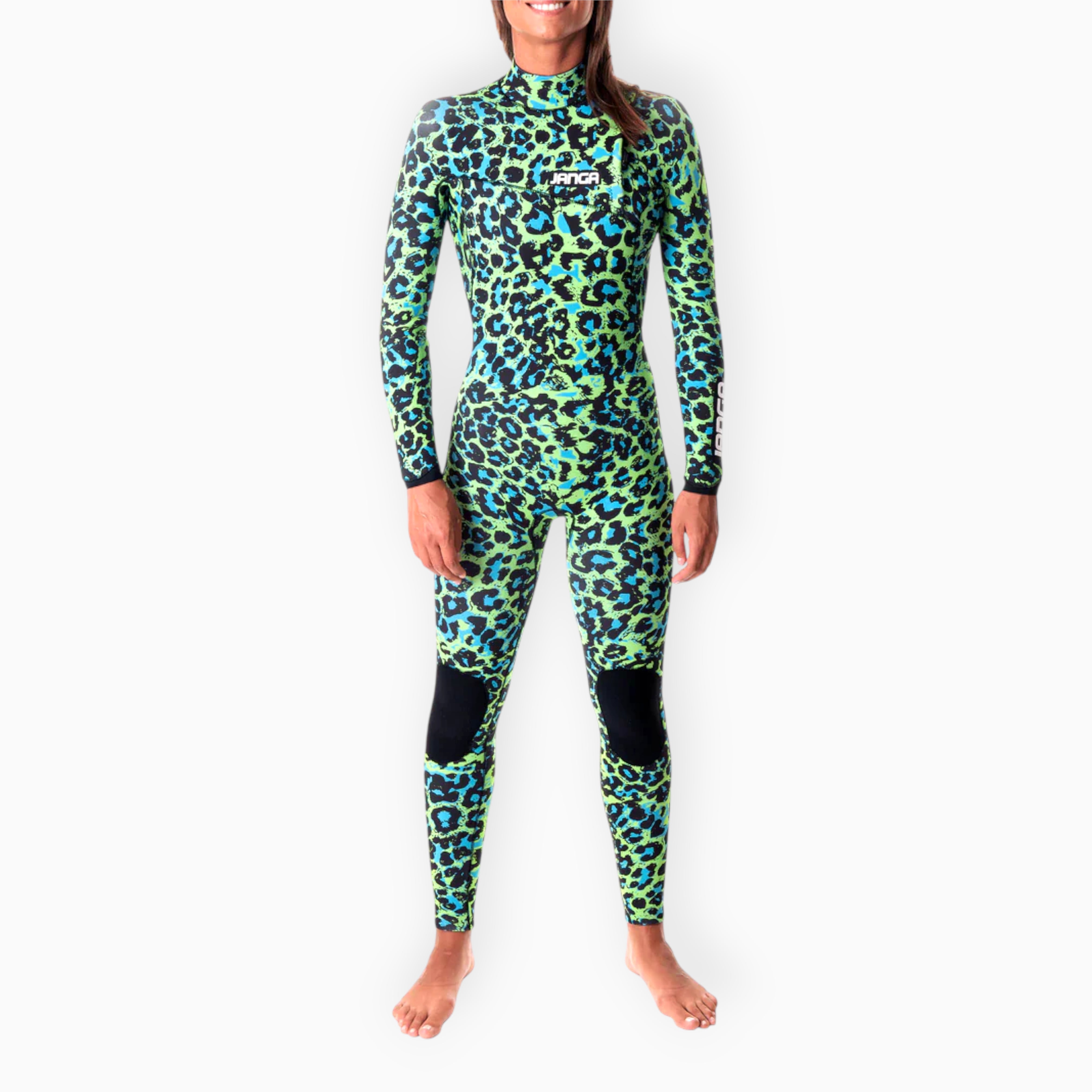 Surfer in Women's JANGA JANGLE Leopard winter green wetsuit - front view zoom