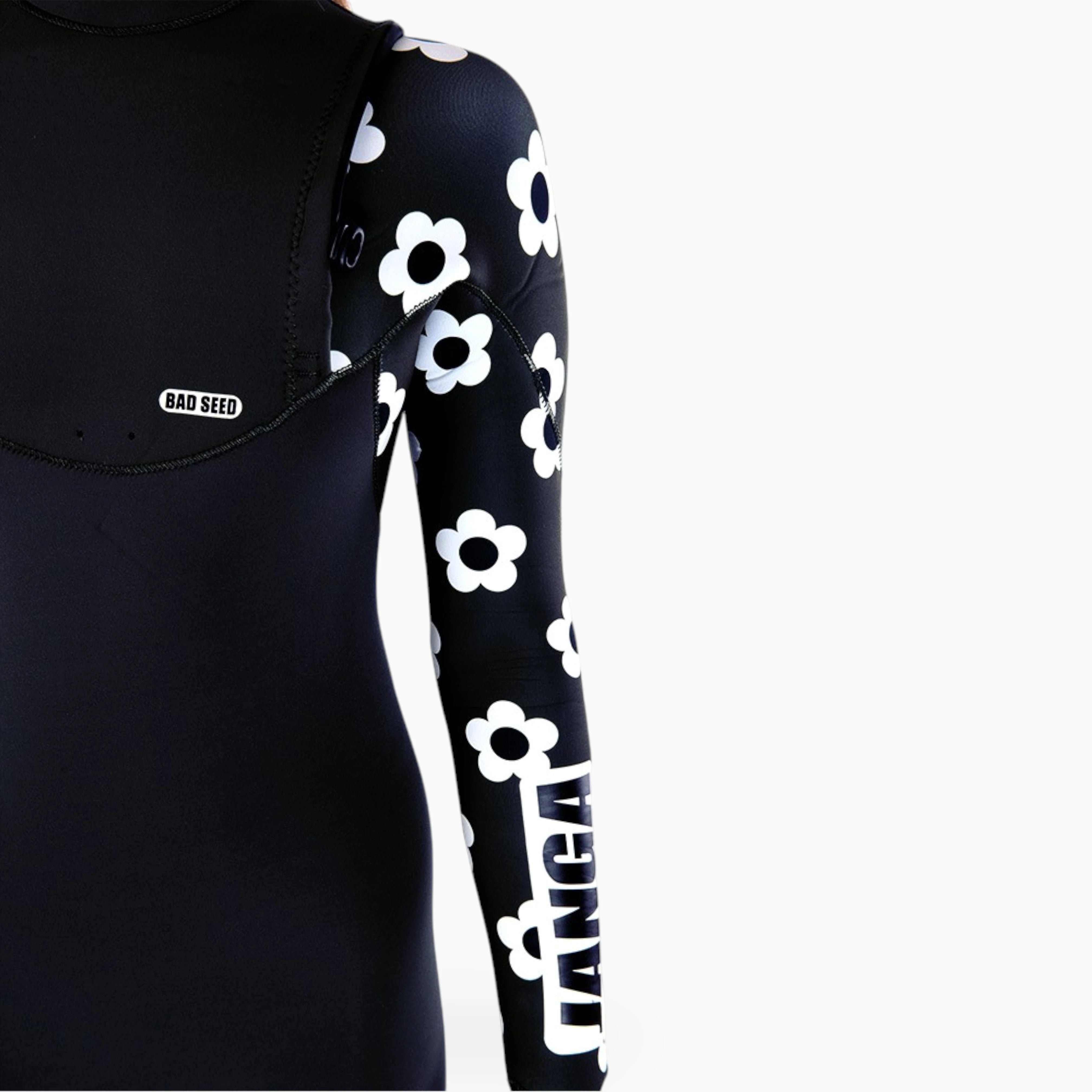 Black wetsuit with white floral patterns on sleeves against a white background