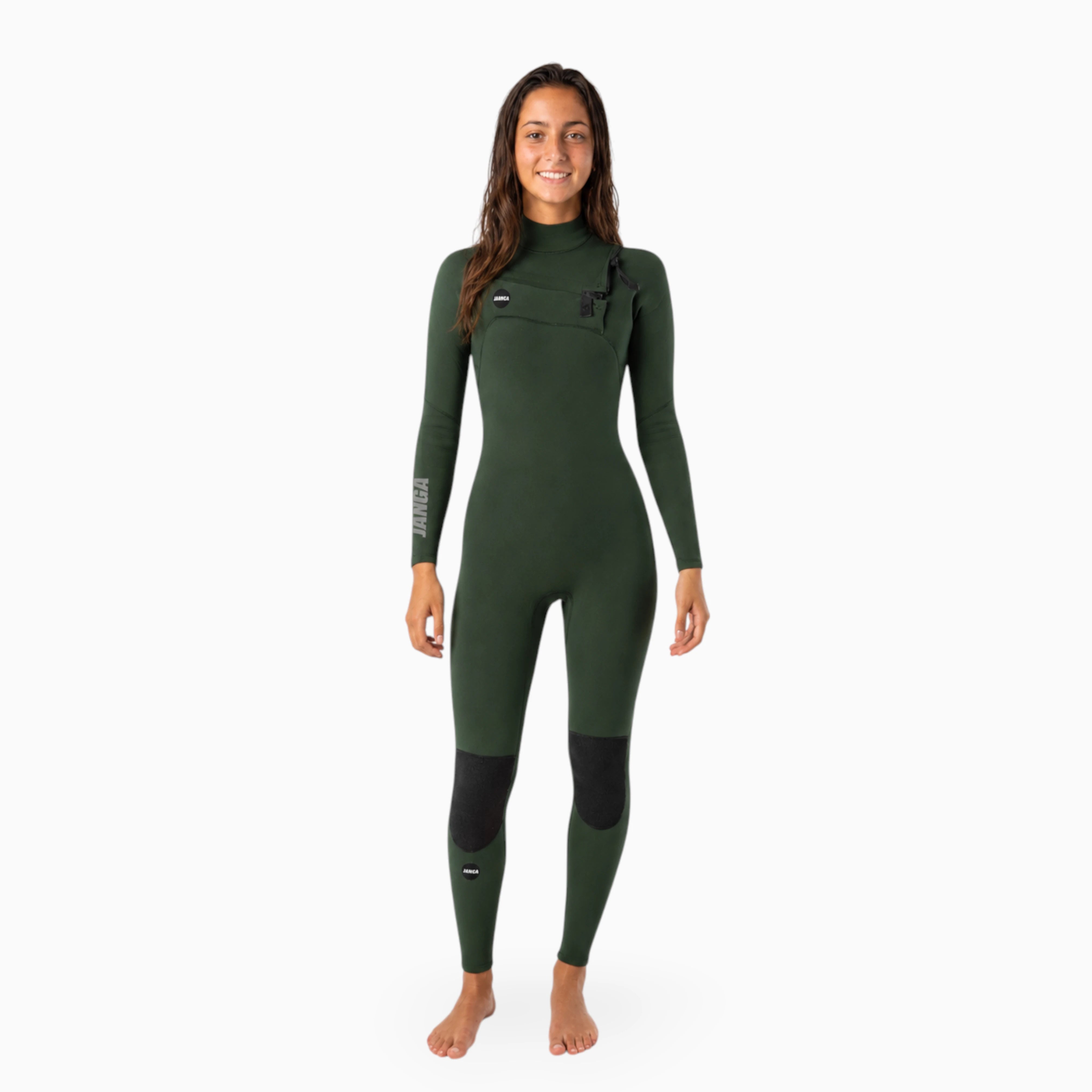 teenage girl surfer in an olive green wetsuit