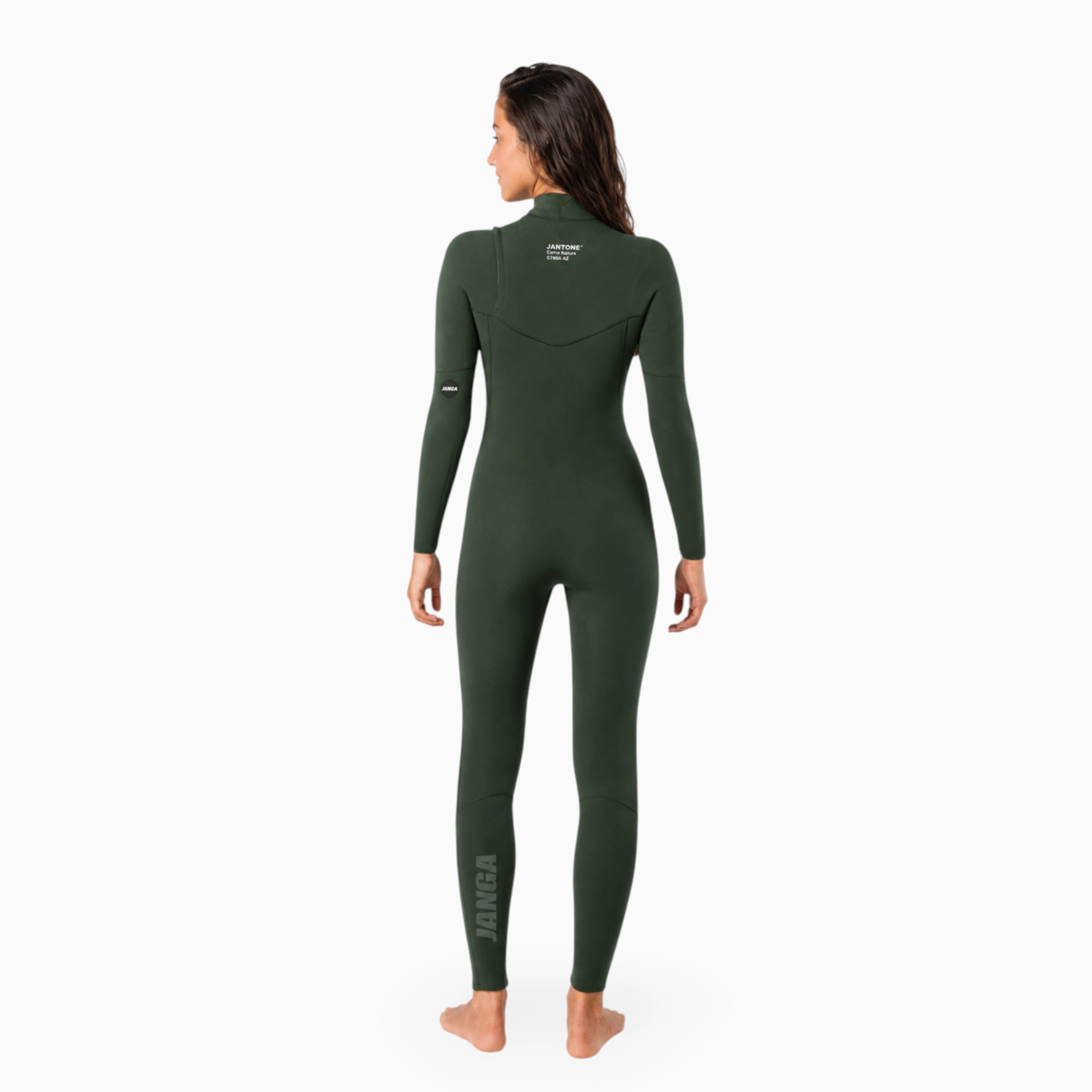 teenage girl surfer in an olive green wetsuit - phot from her back