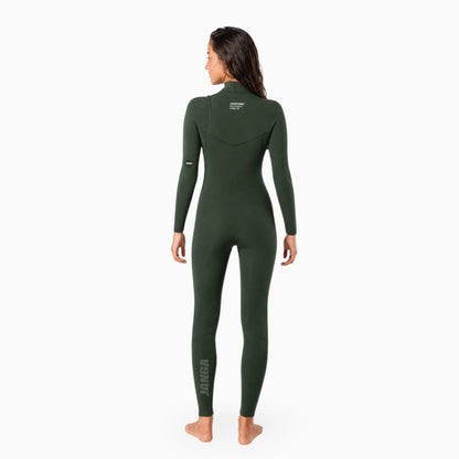 teenage girl surfer in an olive green wetsuit - phot from her back