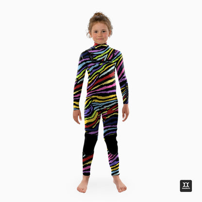 Child wearing a colorful zebra-striped wetsuit on a white background