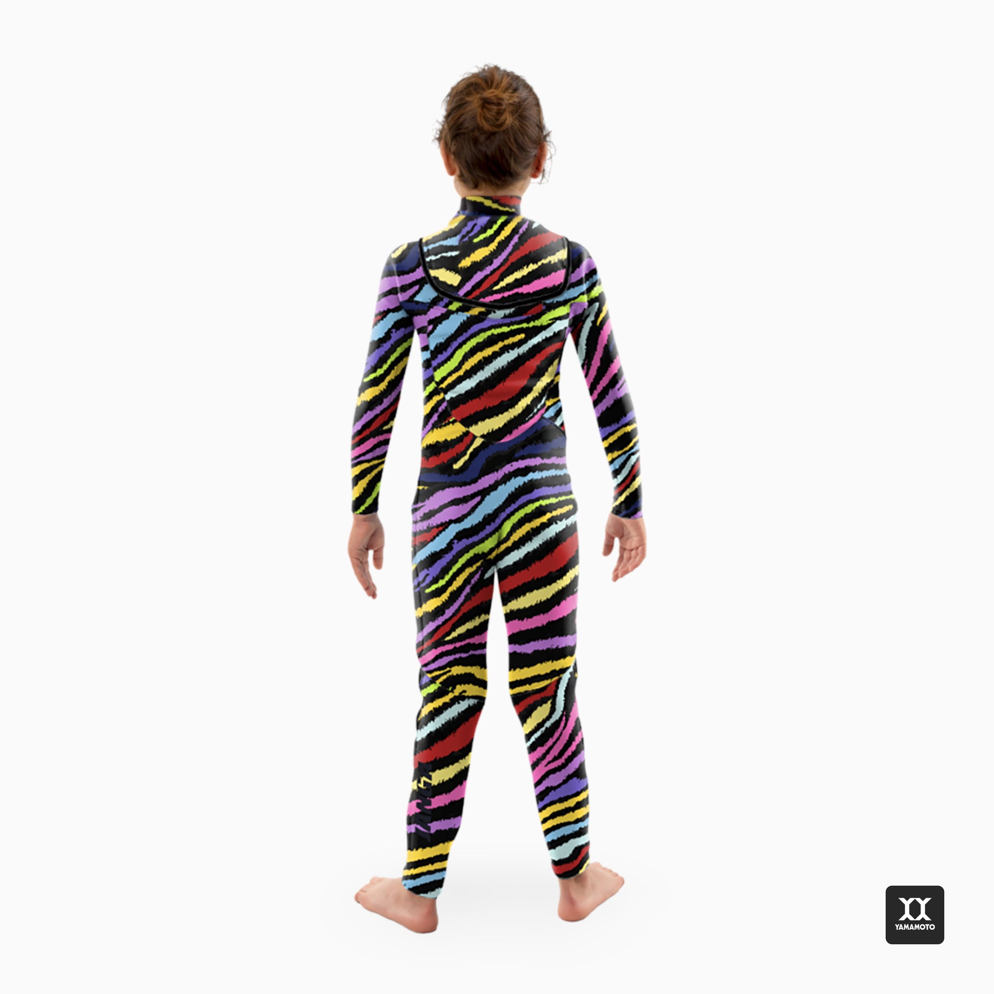Child wearing a colorful zebra-striped wetsuit on a white background