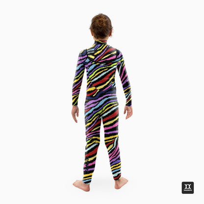 Child wearing a colorful zebra-striped wetsuit on a white background