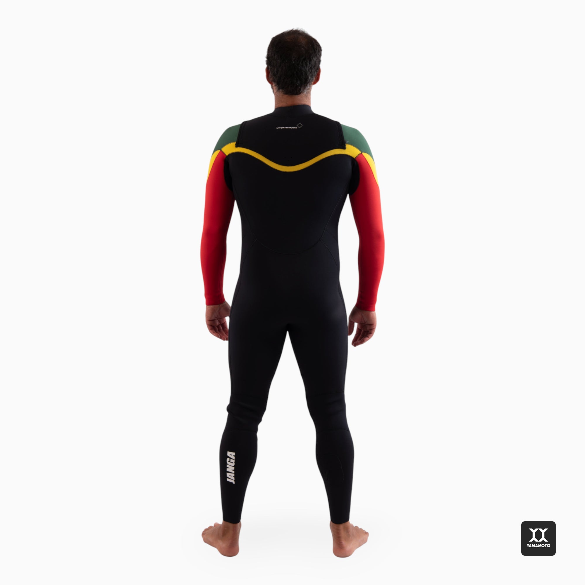 Surfer wearing a black wetsuit with red and yellow sleeves on a white background back