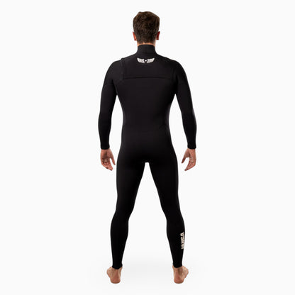 Surfer wearing a JANGA AIRFIGHTER black Yamamoto neoprene wetsuit on a white background 