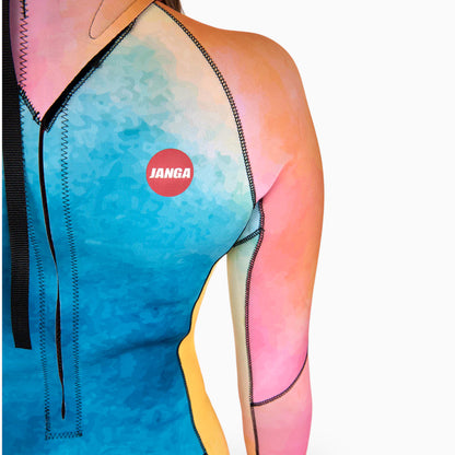 Surfer wearing JANGA ALL STARS TIE DYE women fullsuit 3/2mm - back zip