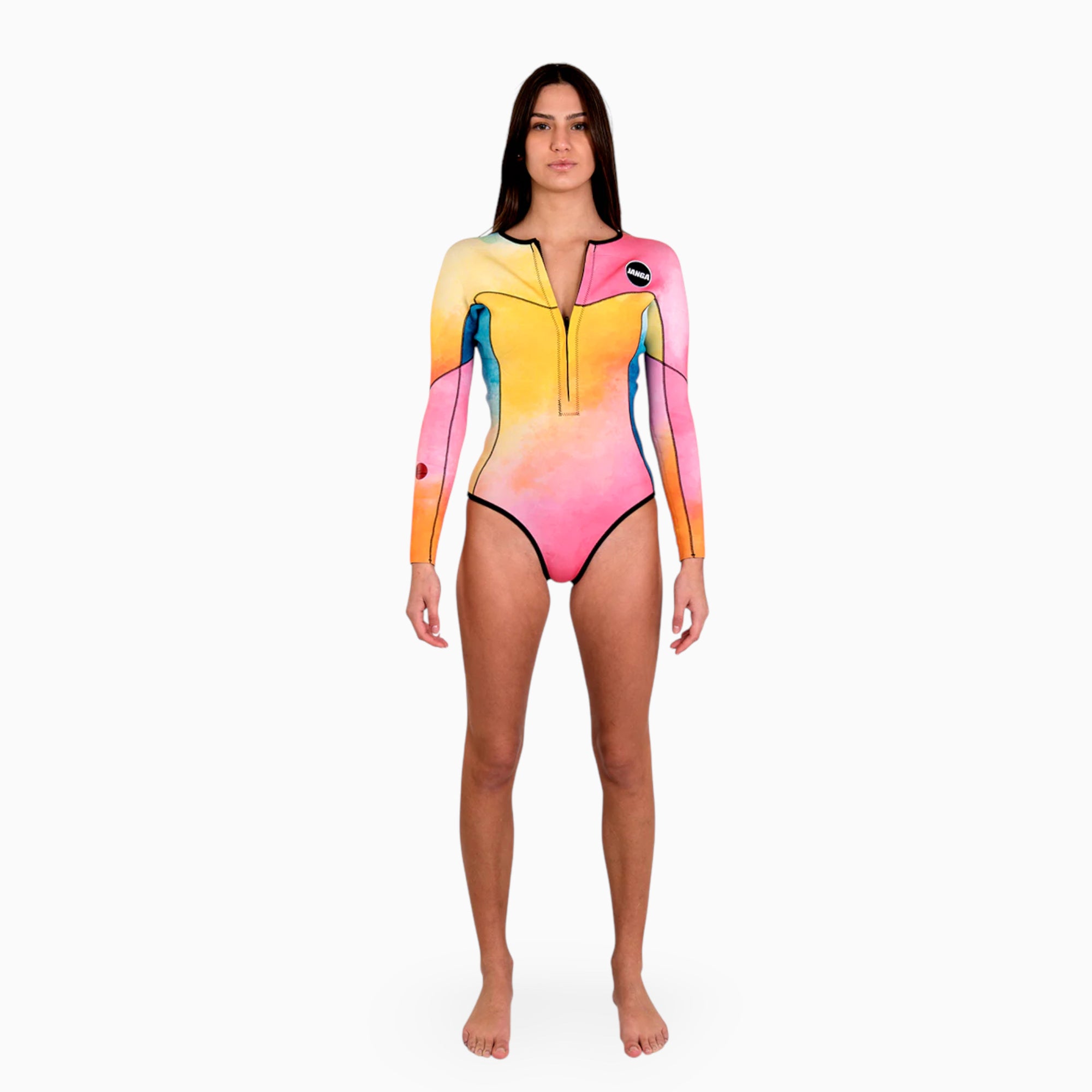 Surfer wearing JANGA ALL STARS TIE DYE women spring suit 2/2mm - front