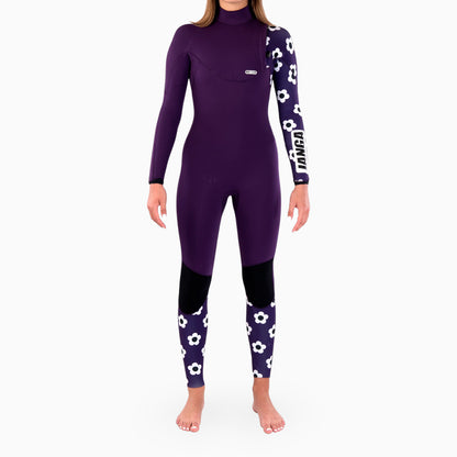 Purple wetsuit with white floral patterns on sleeves and legs on a white background