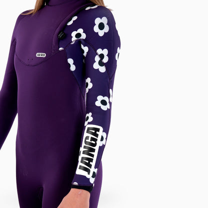 Purple wetsuit with white floral patterns on a white background