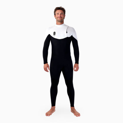 Surfer wearing a JANGA BASTARD black and white wetsuit on a white background 