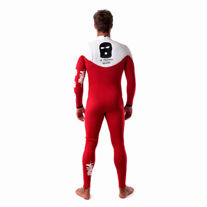 Surfer wearing a JANGA BASTARD red and white wetsuit on a white background 