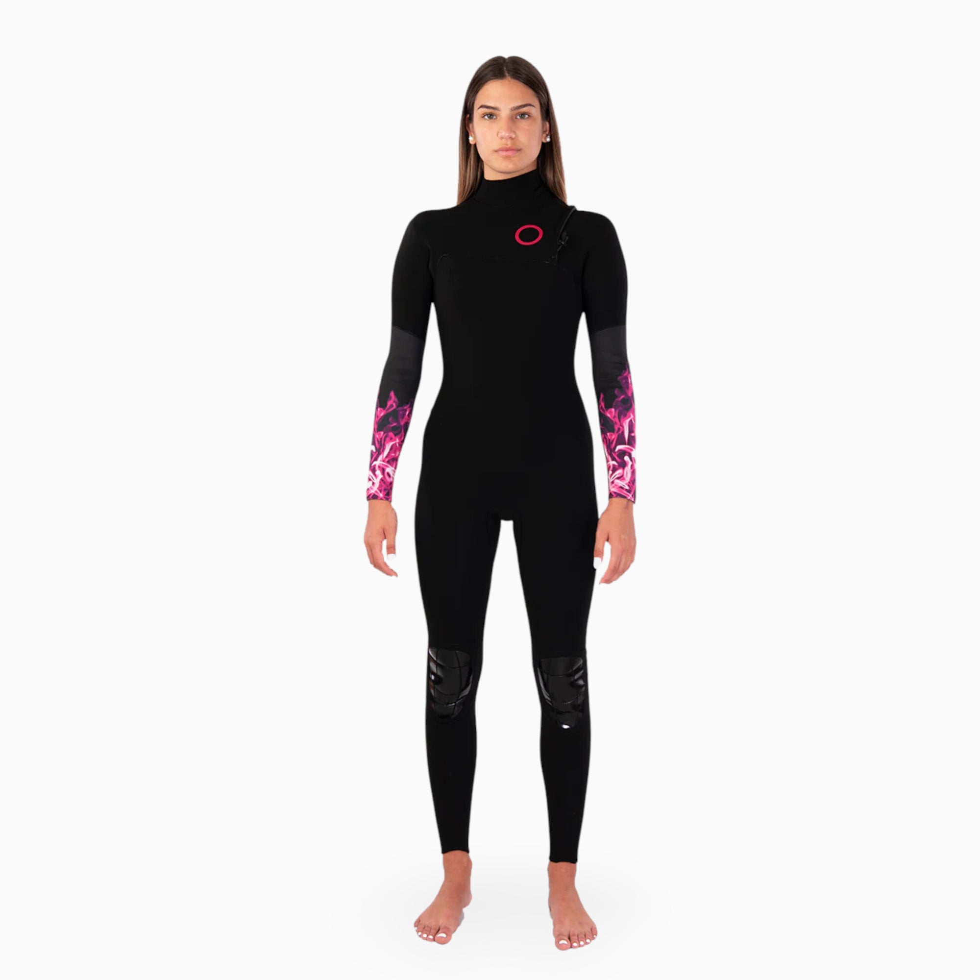 Woman wearing a black JANGA CHOSEN wetsuit with pink fire patterns on a white background