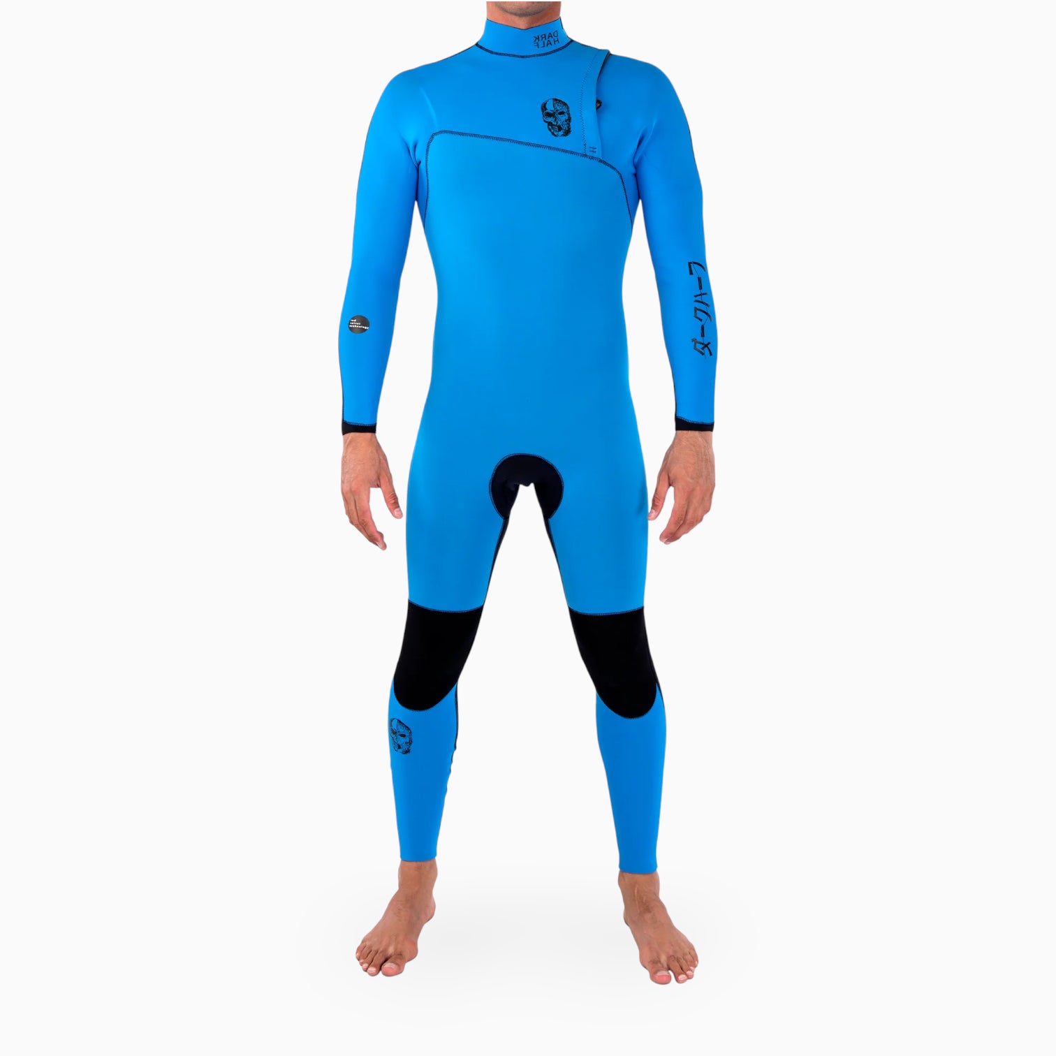 Surfer  wearing a JANGA DARK HALF blue and navy wetsuit on a white background