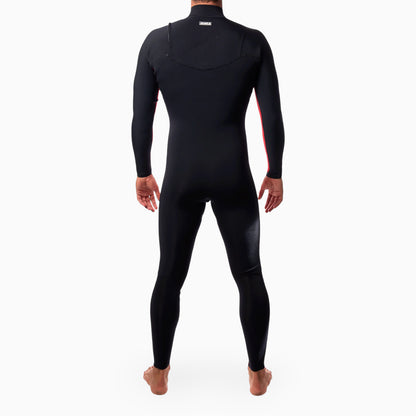 Black wetsuit worn by a person on a white background