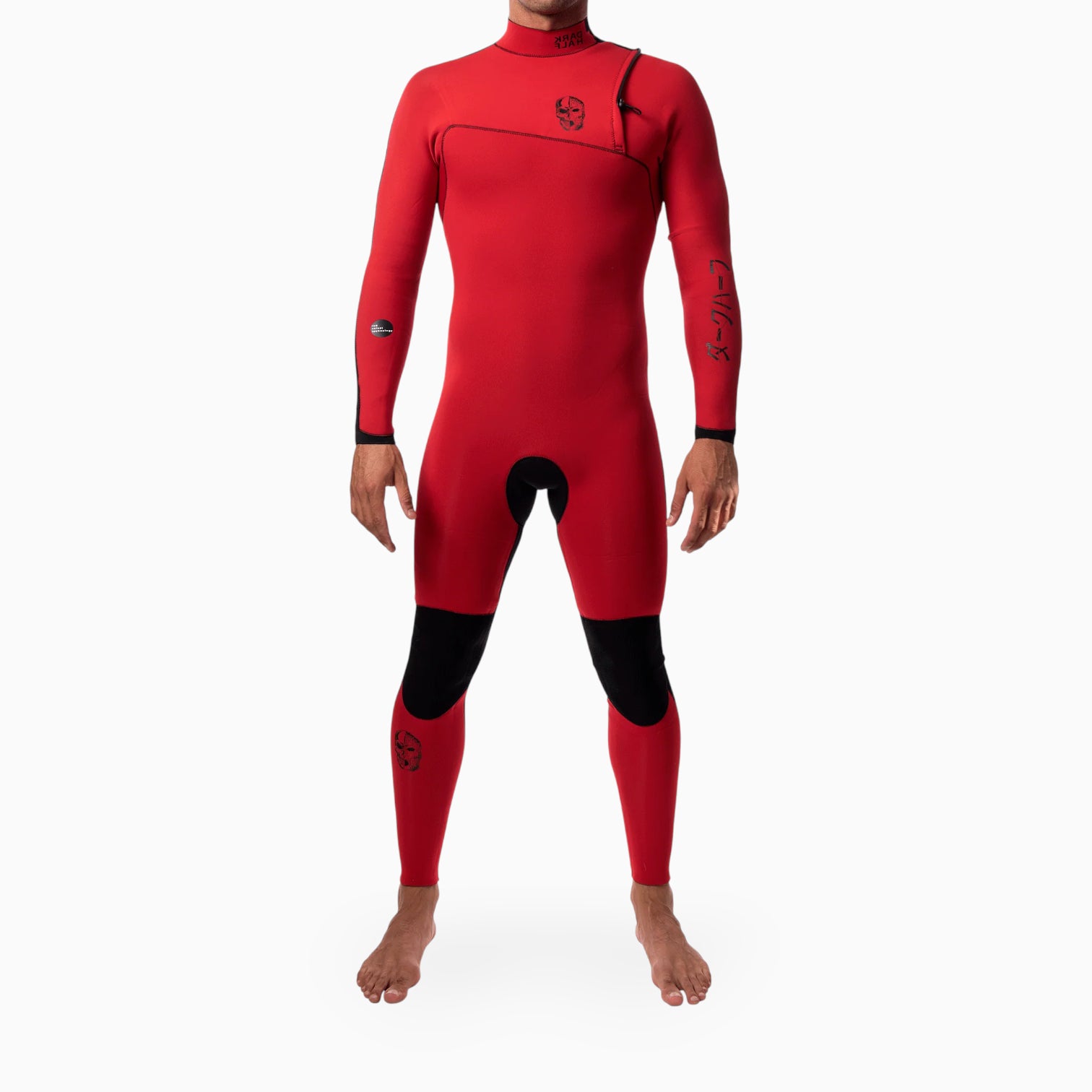 Surfer  wearing a JANGA DARK HALF red and black wetsuit on a white background