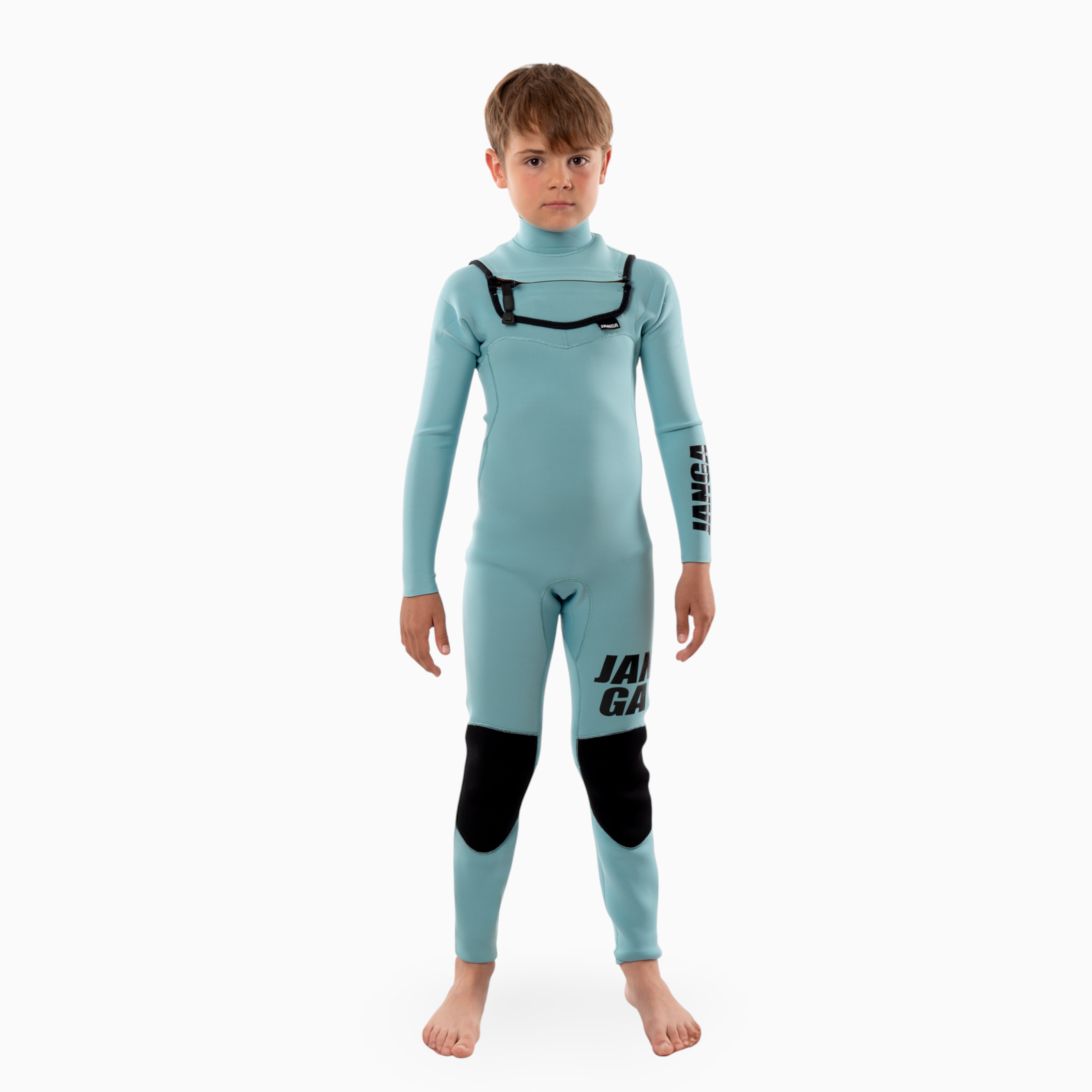 Surfer wearing JANGA Frontline kids wetsuit 2/2 mm blue - front