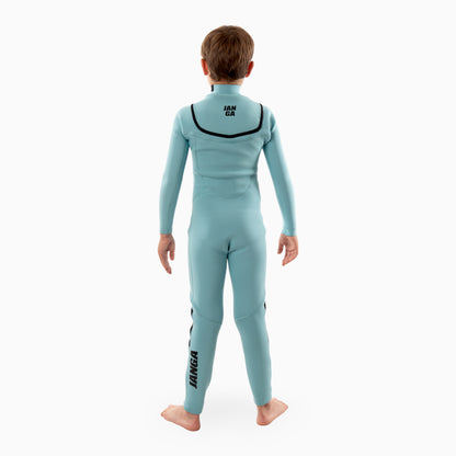 Surfer wearing JANGA Frontline kids wetsuit 2/2 mm blue - back