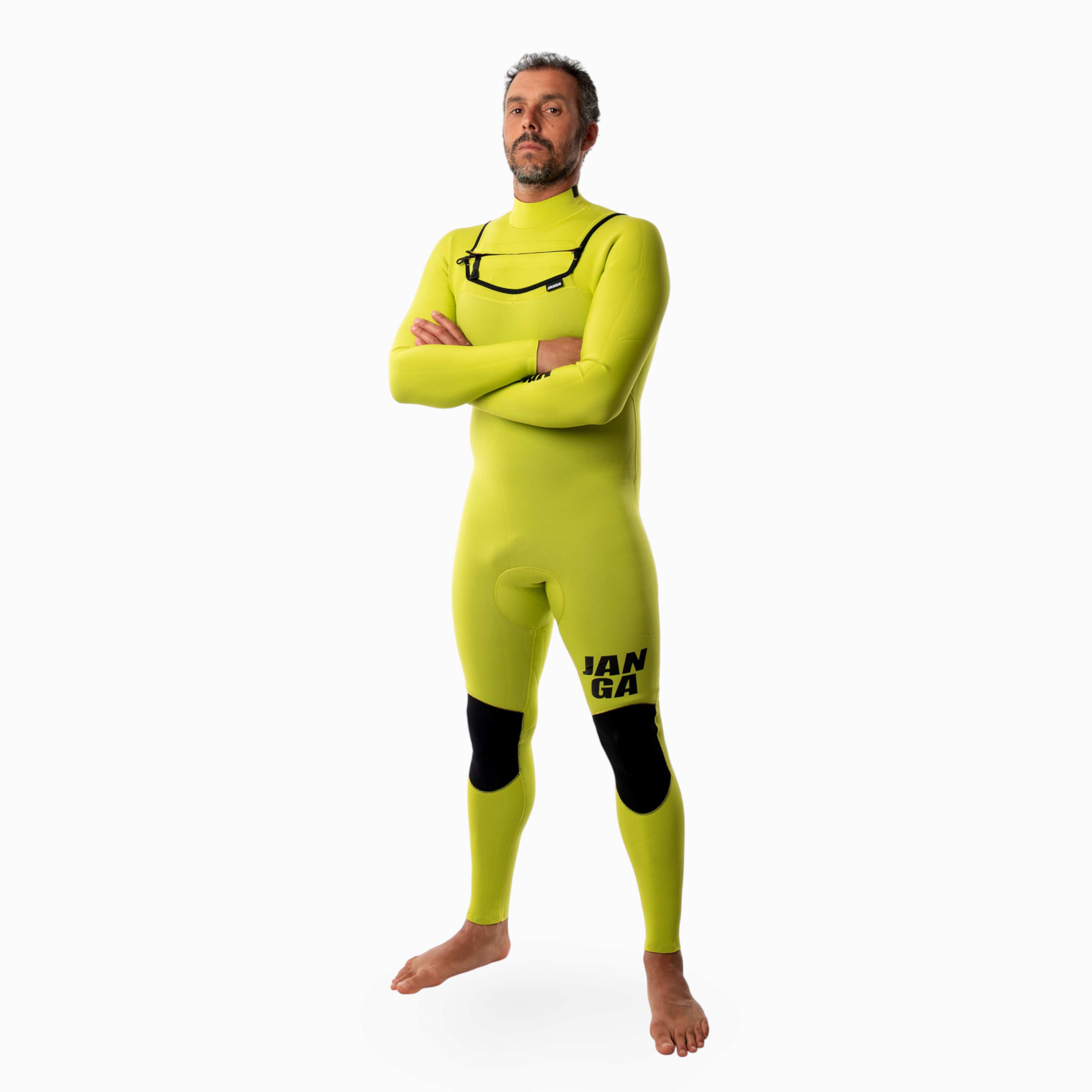 Surfer wearing JANGA FRONTLINE Fullsuit 2/2mm green - side