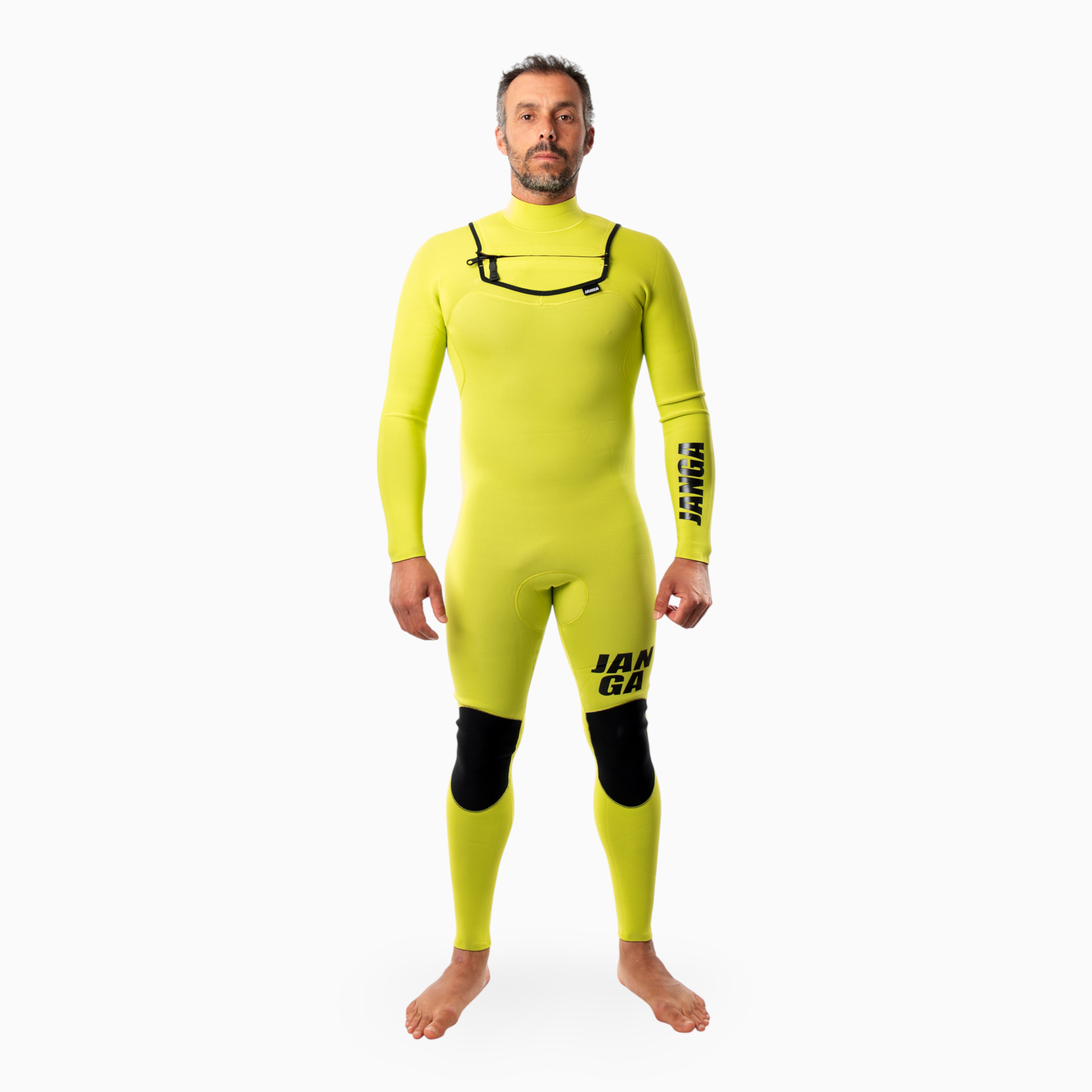 Surfer wearing JANGA FRONTLINE Fullsuit 2/2mm green - front