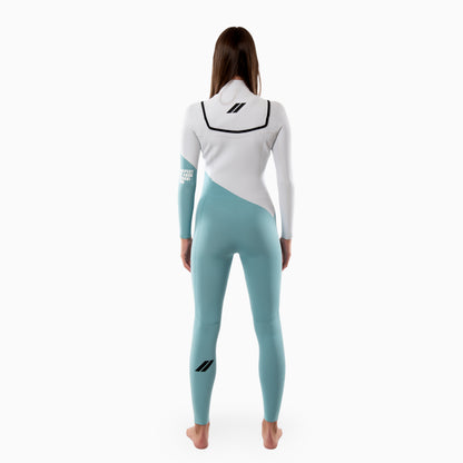 Woman wearing a white and light blue surf suit with black accents on a white background