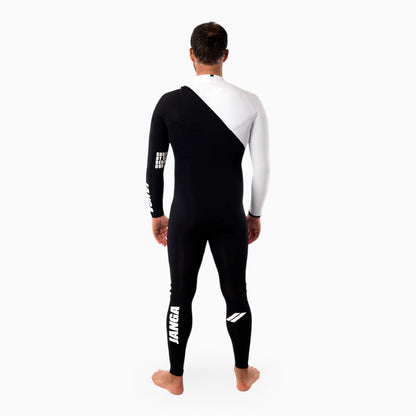 Surfer wearing a JANGA indigent white and black wetsuit on a white background