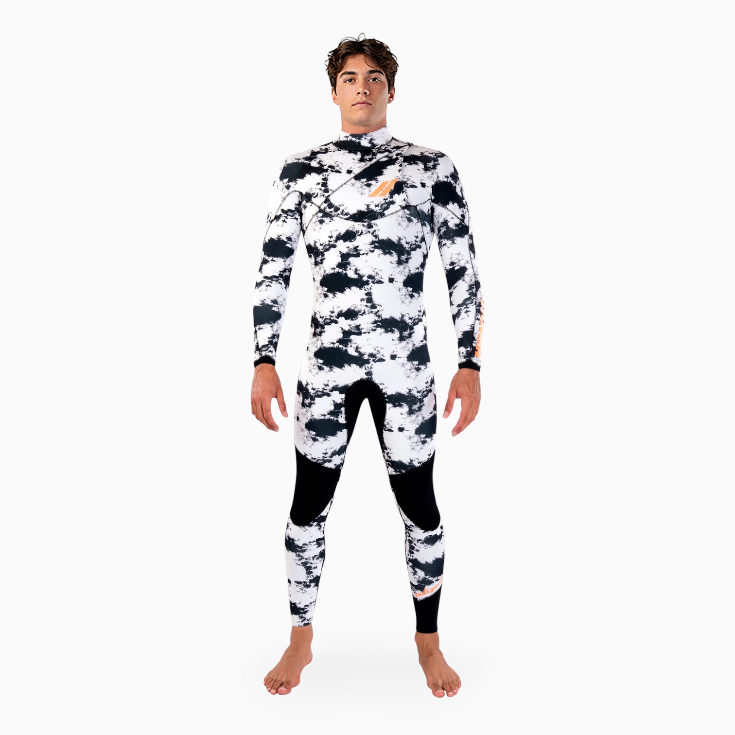 Surfer wearing JANGA INDIGENT white and black camouflage wetsuit with orange accents on a white background 