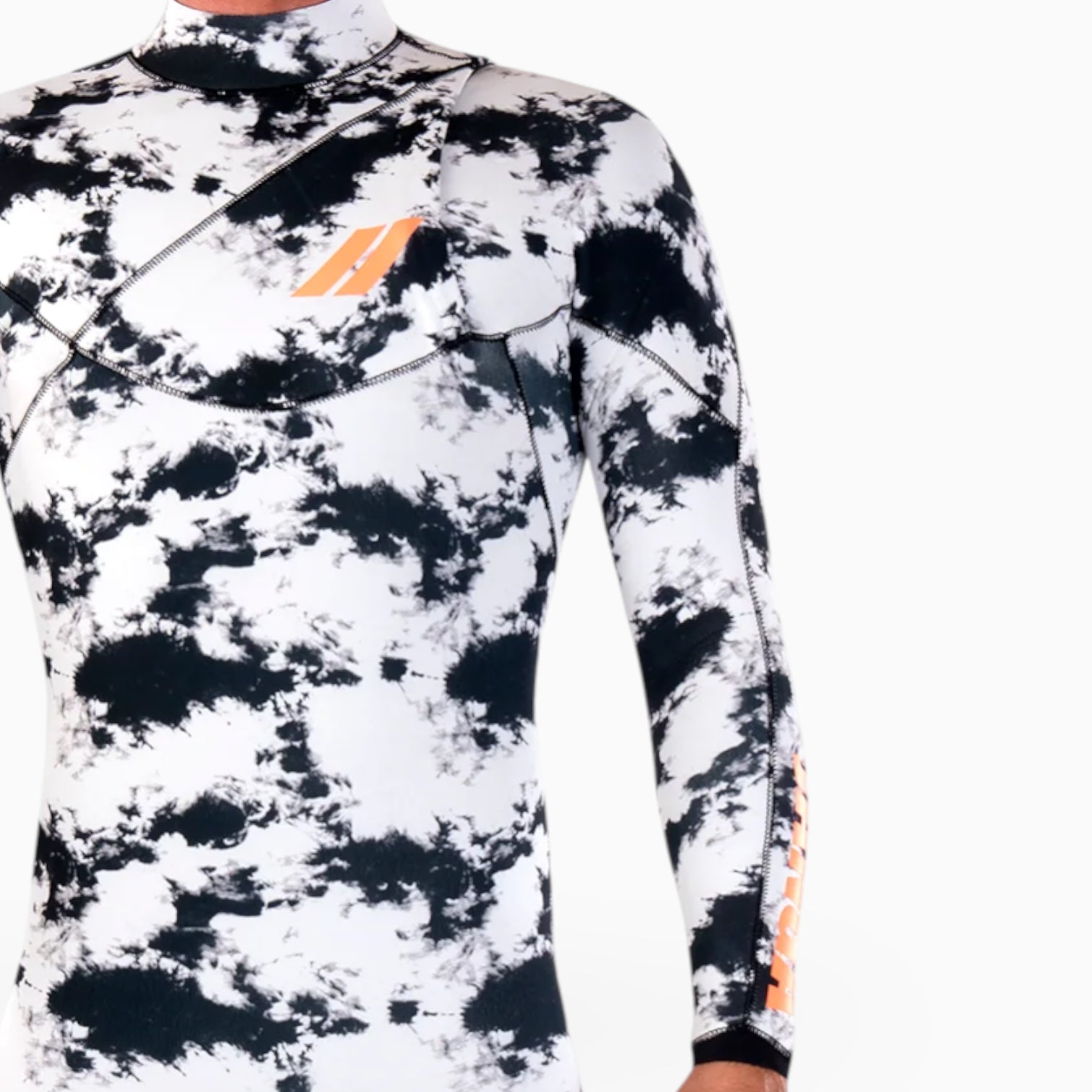 JANGA INDIGENT white and black camouflage wetsuit with orange accents on a white background zoom on no zip