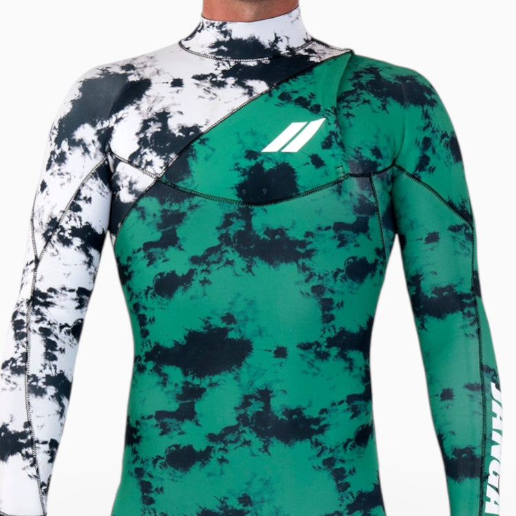 JANGA INDIGENT Green and black camouflage wetsuit with white accents on a white background zoom on no zip