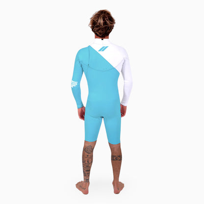 Surfer wearing a JANGA indigent long sleeve blue and white wetsuit on a white background