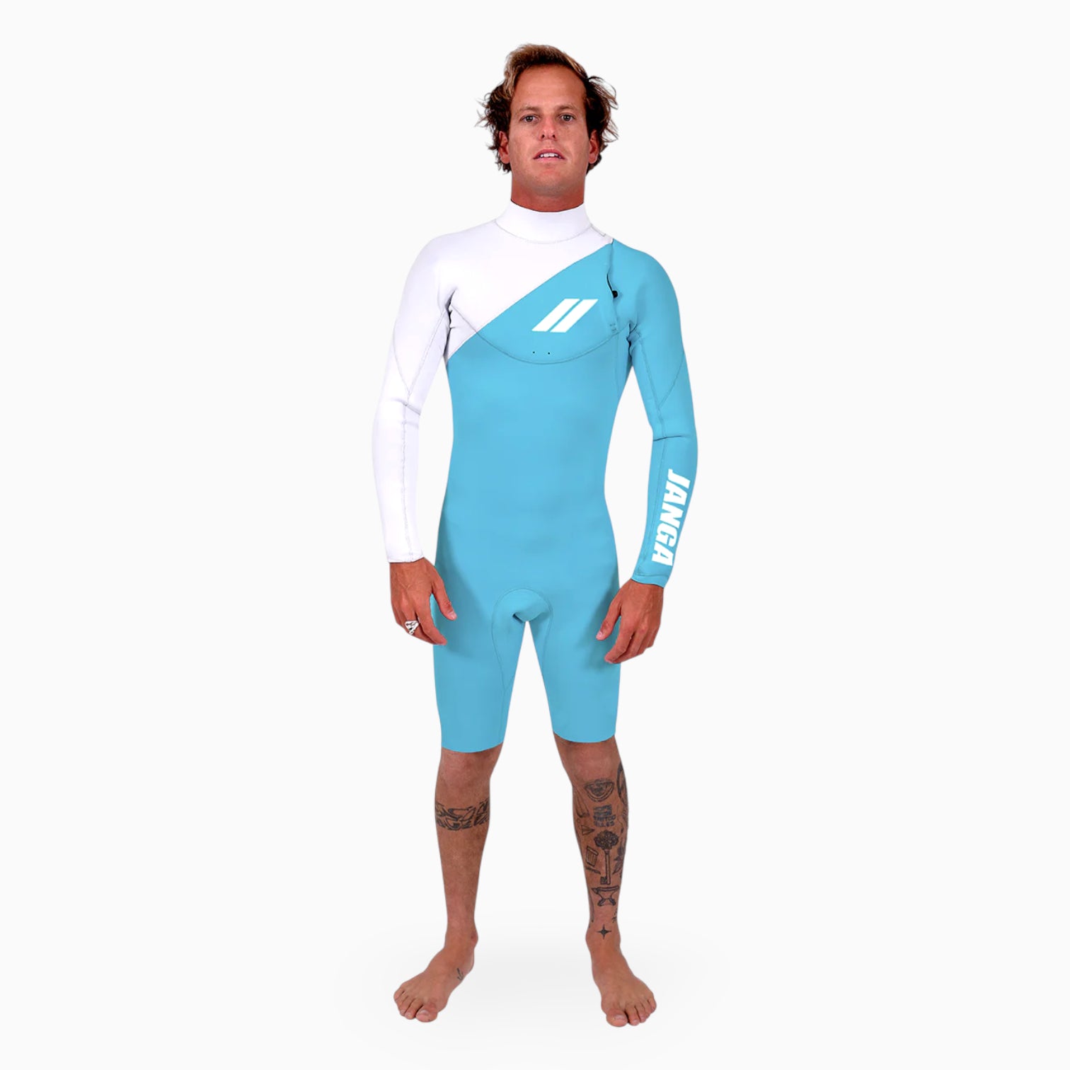 Surfer wearing a JANGA indigent long sleeve blue and white wetsuit on a white background