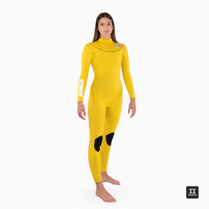 Woman surfer wearing a JANGA yellow wetsuit on a white background