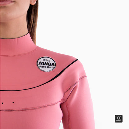 Surfer wearing JANGA PRO wetsuit suit 4/3 mm pink - yamamoto neoprene - zip